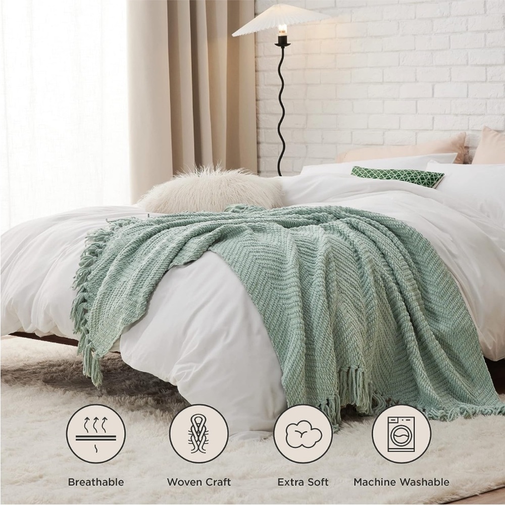 West Elm Teal Mint Trendy Gift Soft Cozy Chevron Tassel Throw Blanket Bedding - Picture 3 of 15